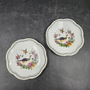 Bavaria Schumann Bird Plates w/ Gold Rim & Lattice Edge – Pair, 5.5" Diameter